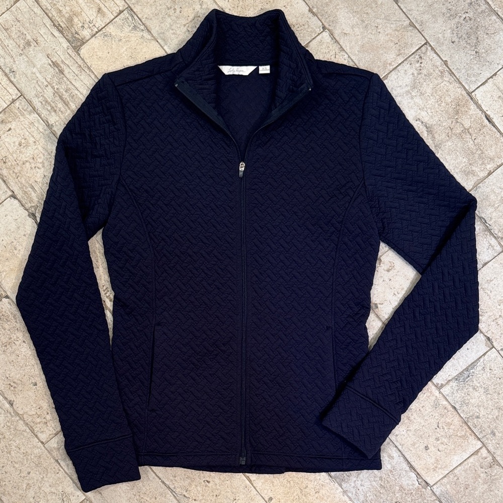 Lady Hogan Women's dark Navy Quilted design pattern lightweight zip front top